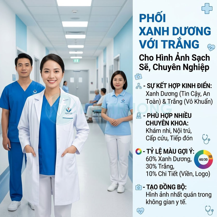 Bộ đồng phục y tế màu xanh dương trắng cho bác sĩ và điều dưỡng trong hành lang bệnh viện sạch sẽ chuyên nghiệp