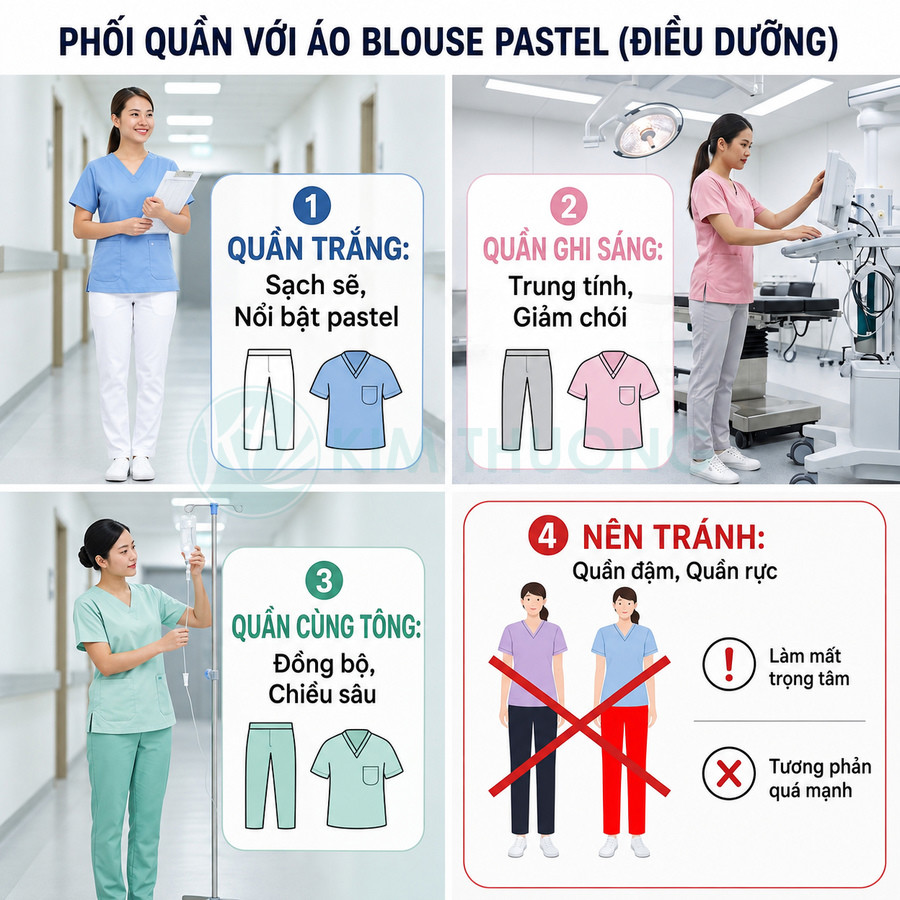 Hướng dẫn phối quần với áo blouse pastel cho điều dưỡng với các màu trắng, ghi sáng, cùng tông và tránh quần màu đậm