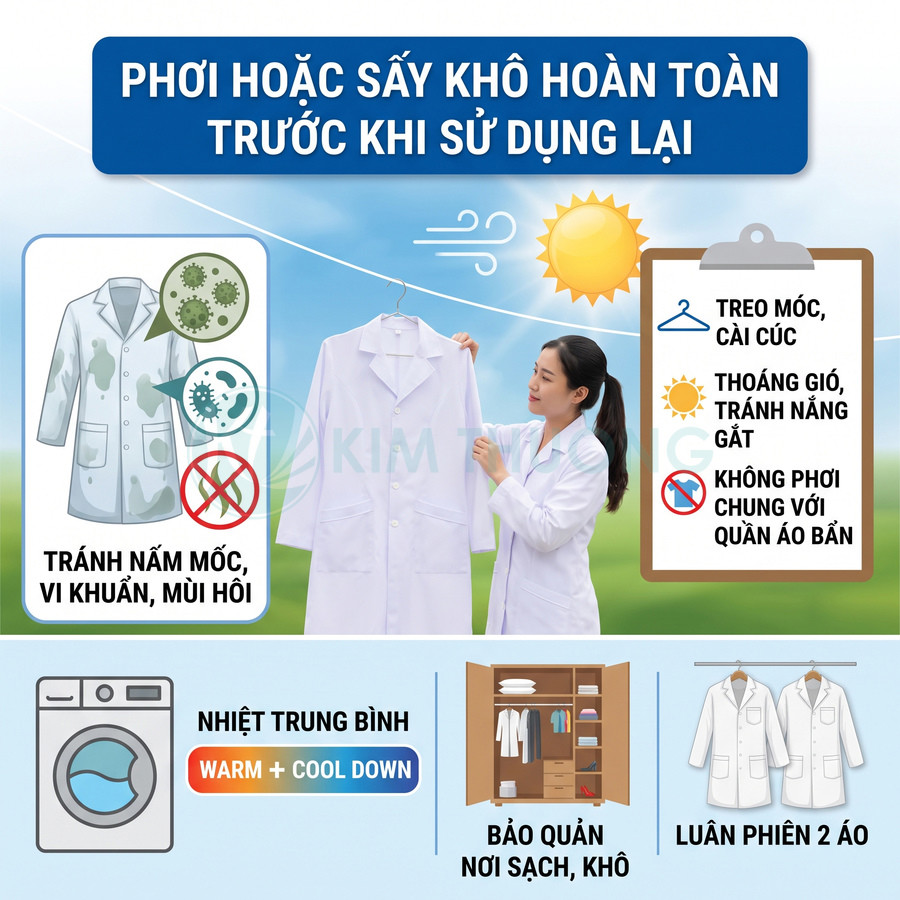 Hướng dẫn phơi hoặc sấy khô áo blouse trước khi sử dụng lại để tránh nấm mốc, vi khuẩn và mùi hôi