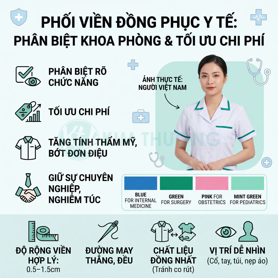 Đồng phục y tá nữ cổ ve trắng viền xanh lá, tay ngắn, chất liệu vải y tế chuyên nghiệp, người mẫu đứng chính diện