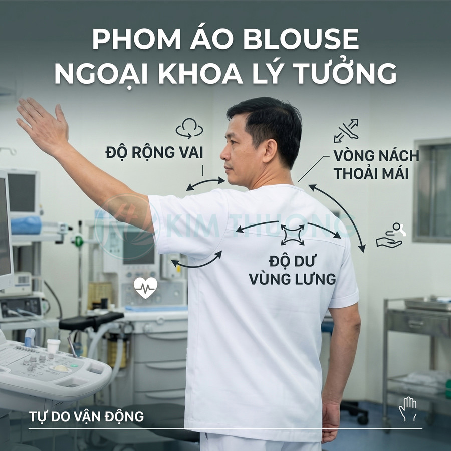 Bác sĩ mặc áo blouse ngoại khoa trắng phom rộng, giơ tay minh họa độ thoải mái khi vận động trong phòng khám