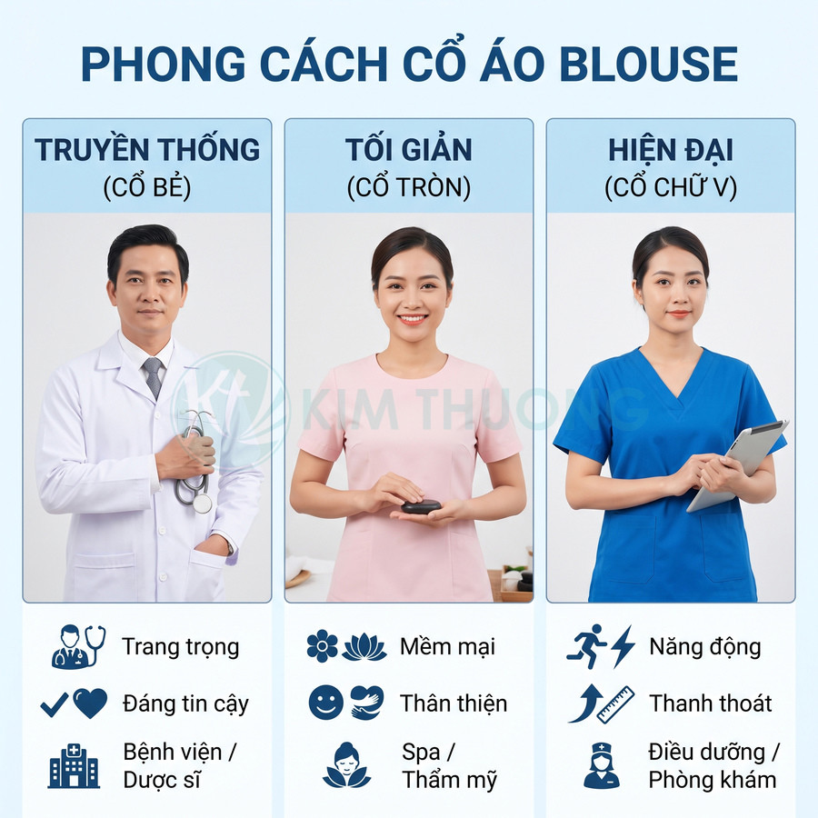 Các kiểu cổ áo blouse y tế: cổ bẻ truyền thống, cổ tròn tối giản và cổ chữ V hiện đại cho bác sĩ điều dưỡng