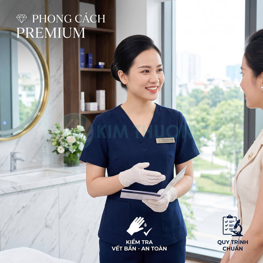 Nhân viên y tế mặc đồng phục xanh tư vấn dịch vụ chăm sóc da cao cấp cho khách hàng trong phòng khám sạch sẽ