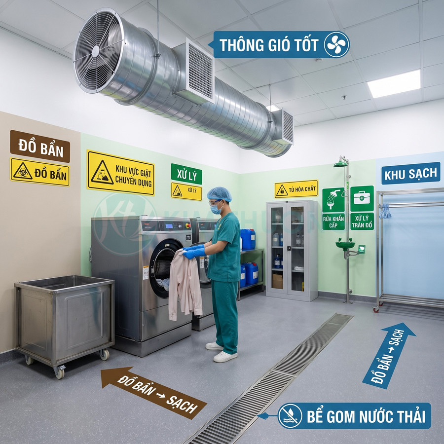 Máy giặt công nghiệp trong khu giặt chuyên dụng, bên cạnh hệ thống thông gió và xử lý nước thải