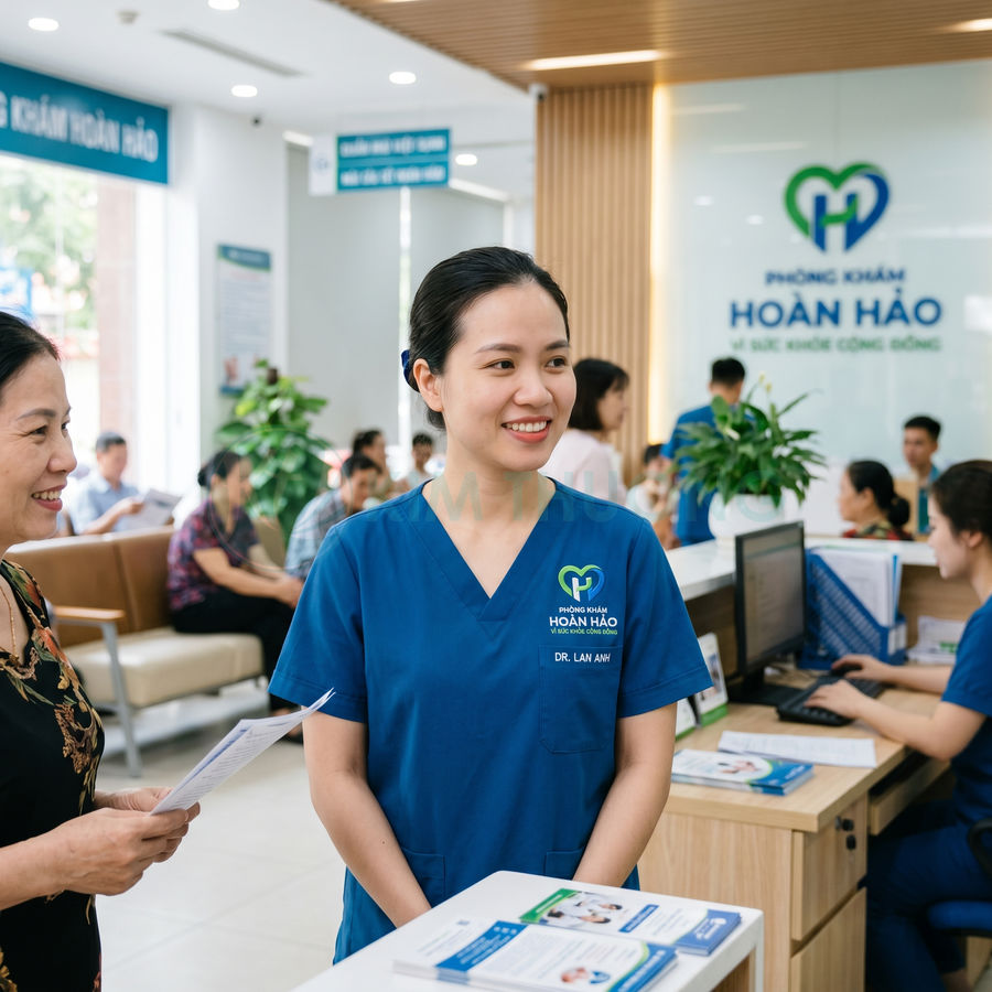 Bác sĩ phòng khám Hoàn Hảo tư vấn cho bệnh nhân tại quầy lễ tân trong không gian khám bệnh hiện đại