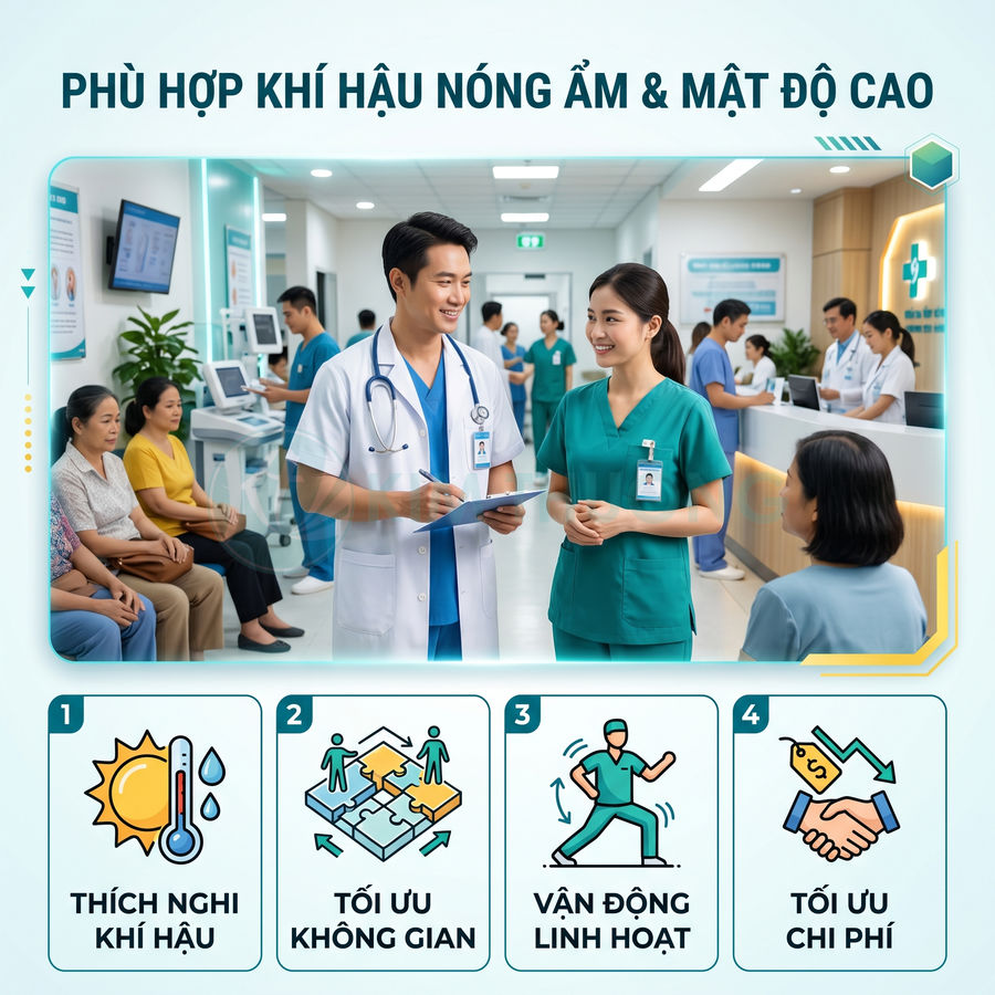 Bác sĩ và y tá tư vấn cho bệnh nhân tại sảnh bệnh viện hiện đại, nhấn mạnh giải pháp phù hợp khí hậu nóng ẩm