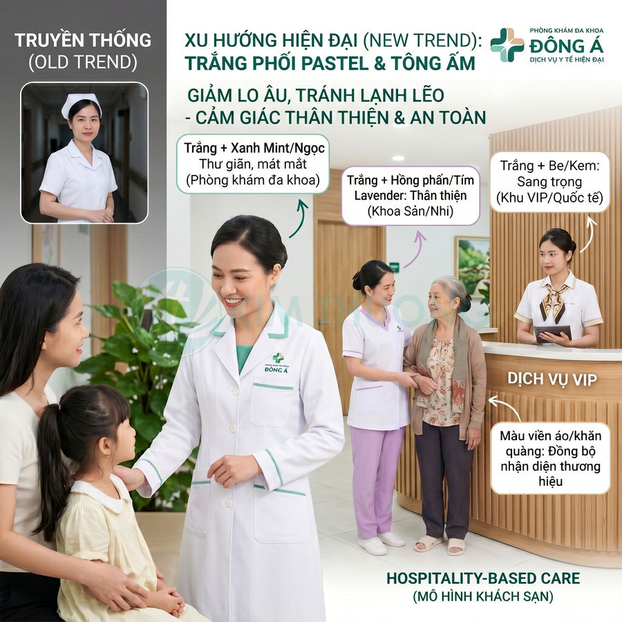 Nhân viên y tế phòng khám Đa khoa Đông Á mặc đồng phục trắng pastel chăm sóc bệnh nhân và khách VIP