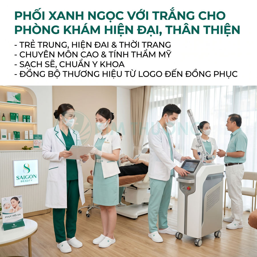Phòng khám thẩm mỹ Saigon Beauty với bác sĩ và điều dưỡng mặc đồng phục xanh ngọc trắng hiện đại