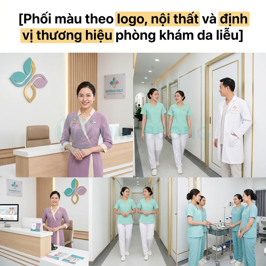 Nhân viên phòng khám da liễu Dermalogy trong đồng phục màu pastel tại quầy lễ tân và hành lang hiện đại