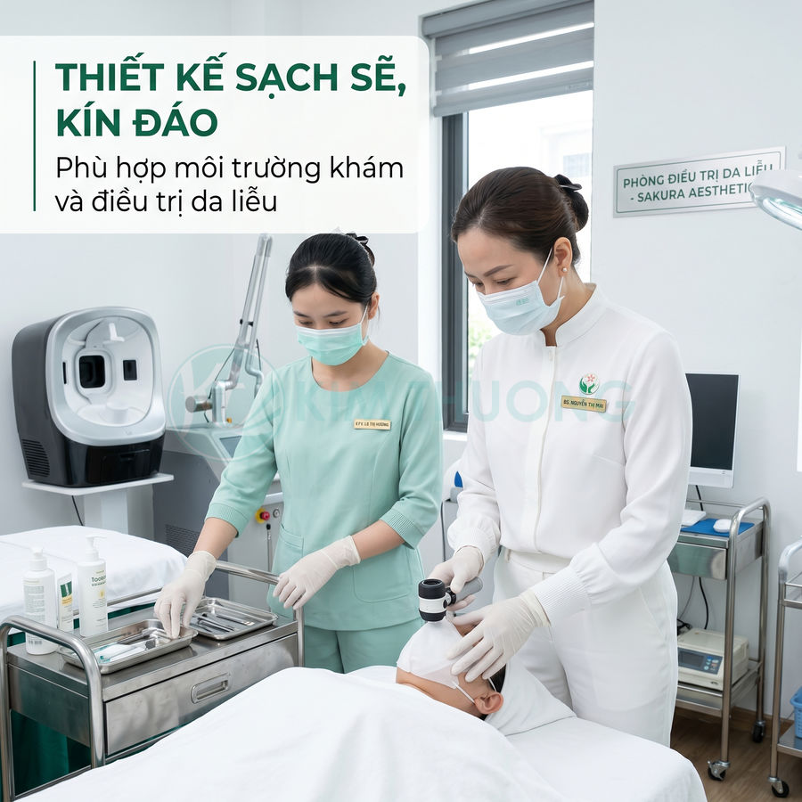 Bác sĩ da liễu đeo khẩu trang đang điều trị da mặt cho khách hàng trong phòng khám sạch sẽ, kín đáo