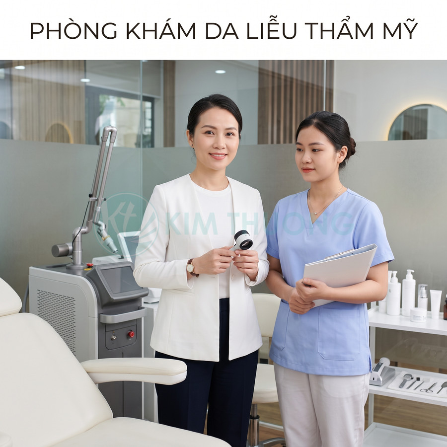 Bác sĩ da liễu tư vấn cùng y tá trong phòng khám thẩm mỹ hiện đại với máy laser và ghế điều trị