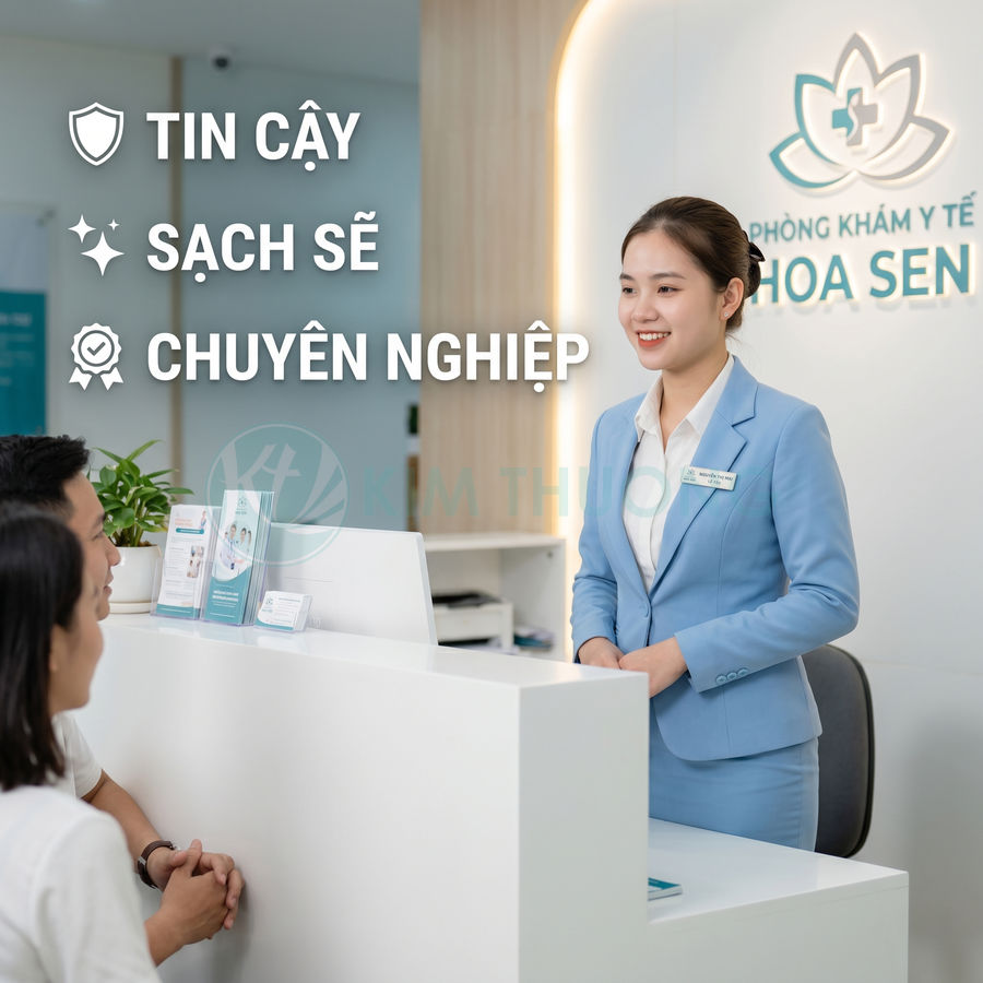 Lễ tân phòng khám y tế Hoa Sen tư vấn bệnh nhân tại quầy tiếp đón sạch sẽ, chuyên nghiệp