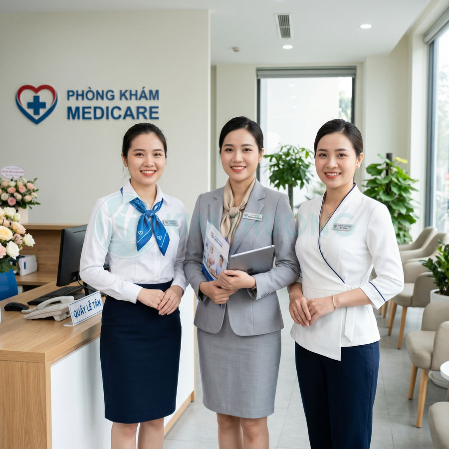 Nhân viên lễ tân phòng khám Medicare đứng tại quầy tiếp đón, đồng phục gọn gàng, không gian hiện đại sạch sẽ