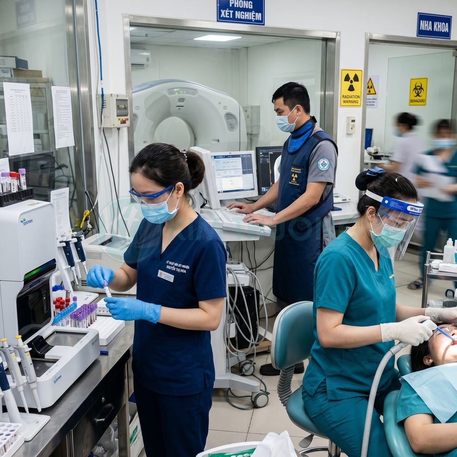 Nhân viên y tế đeo khẩu trang sử dụng thiết bị xét nghiệm và điều trị nha khoa trong phòng khám hiện đại