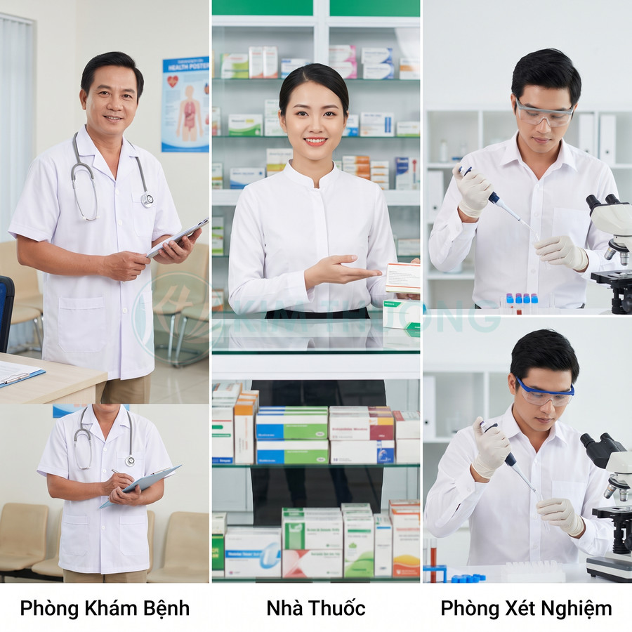 Bác sĩ và dược sĩ mặc áo blouse giới thiệu dịch vụ phòng khám, nhà thuốc và phòng xét nghiệm hiện đại