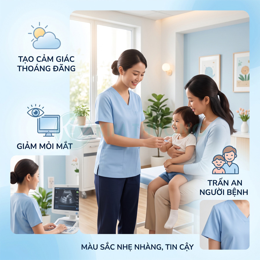 Đồng phục y tá màu xanh nhạt trong phòng khám hiện đại, tạo cảm giác thoáng đãng và dễ chịu cho bệnh nhi