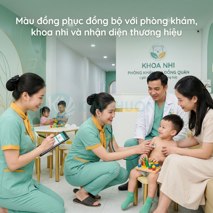Bác sĩ và điều dưỡng khoa nhi khám cho bé nhỏ trong phòng khám với đồng phục màu xanh đồng bộ