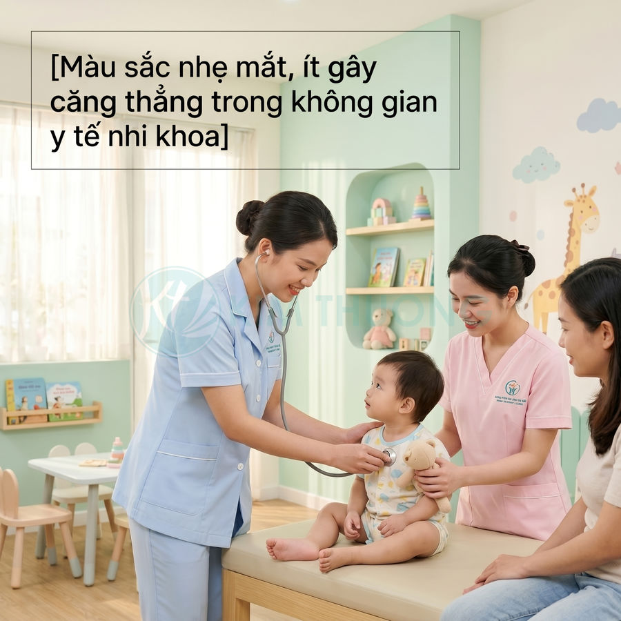 Bác sĩ nhi khoa khám cho em bé trong phòng khám màu sắc nhẹ nhàng cùng mẹ và y tá bên cạnh