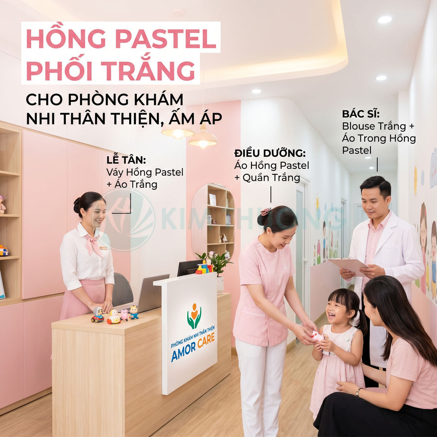 Nhân viên phòng khám nhi Amor Care mặc đồng phục hồng pastel phối trắng chăm sóc bé gái và phụ huynh