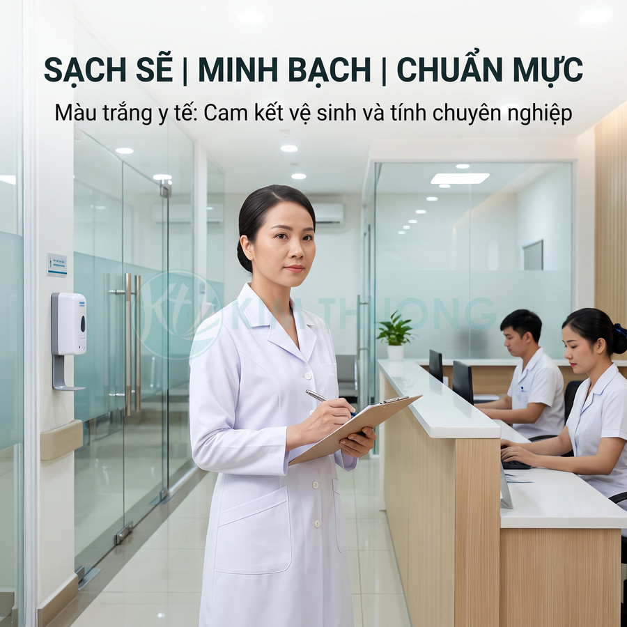 Nữ bác sĩ mặc áo blouse trắng cầm bảng ghi chép trong sảnh phòng khám hiện đại sạch sẽ