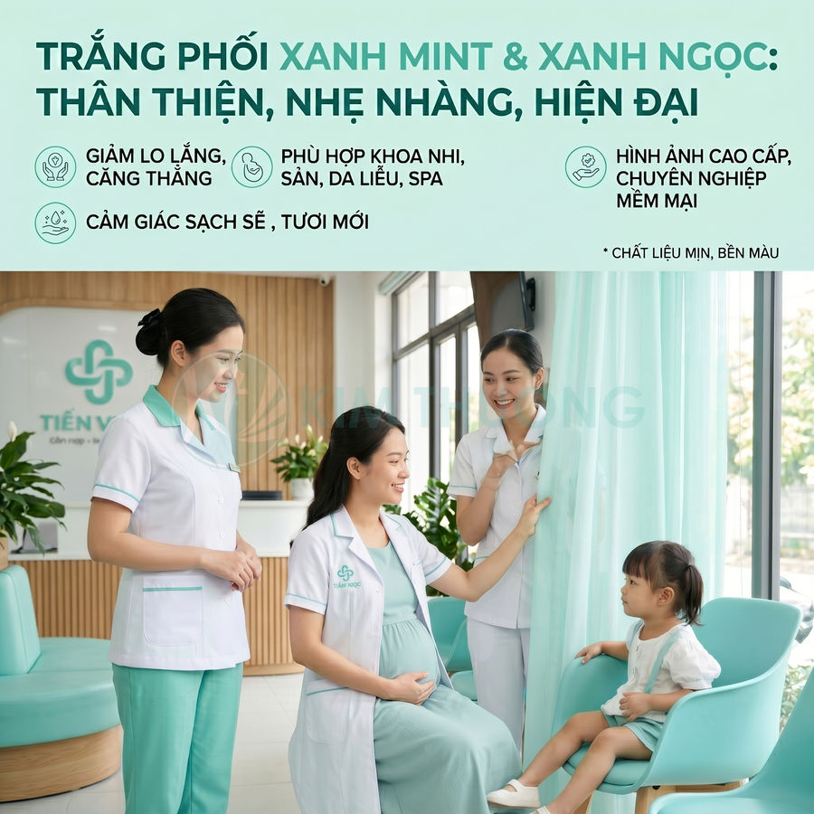 Phòng khám Tiền Vọng với nội thất trắng phối xanh mint, bác sĩ chăm sóc bà bầu và bé nhỏ trong không gian hiện đại