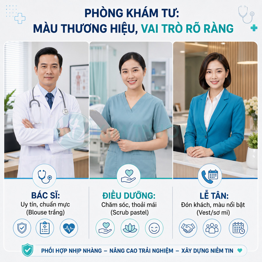 Đội ngũ bác sĩ, điều dưỡng và lễ tân phòng khám tư với đồng phục chuyên nghiệp, màu sắc thương hiệu rõ ràng