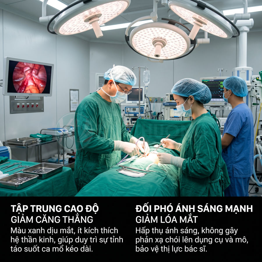 Bác sĩ phẫu thuật mặc đồ xanh trong phòng mổ hiện đại với đèn mổ LED và màn hình nội soi hiển thị hình ảnh bên trong cơ thể