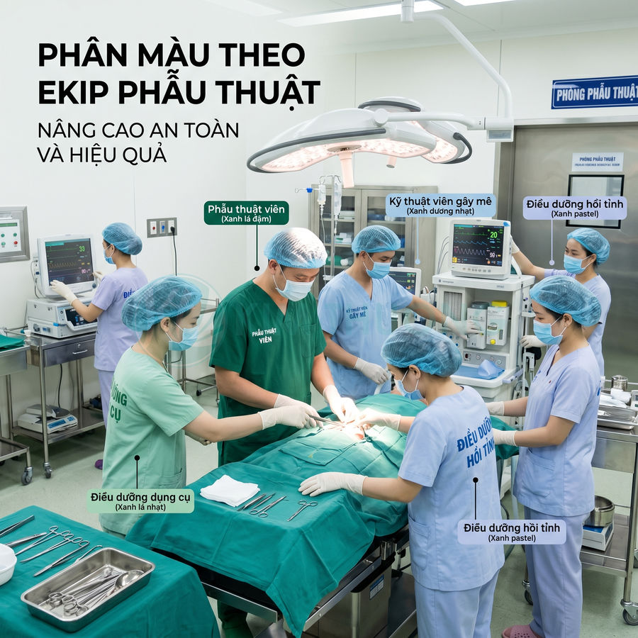 Ekip phẫu thuật trong phòng mổ với đồng phục phân màu theo từng vị trí nâng cao an toàn và hiệu quả