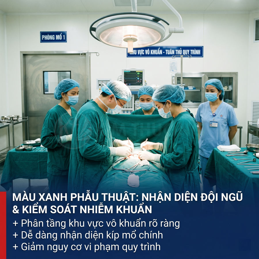 Kíp bác sĩ mặc đồ phẫu thuật màu xanh đang mổ cho bệnh nhân trong phòng mổ vô khuẩn