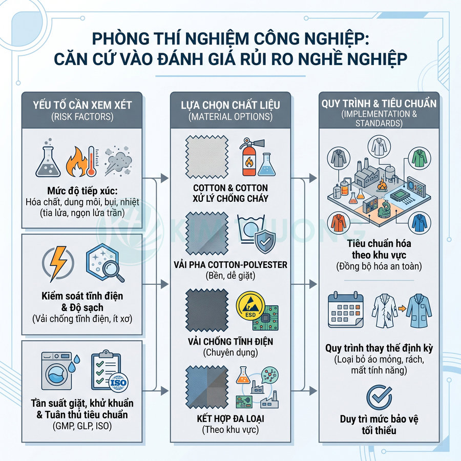Các loại vải bảo hộ phòng thí nghiệm công nghiệp gồm vải chống cháy, cotton-polyester và vải chống tĩnh điện