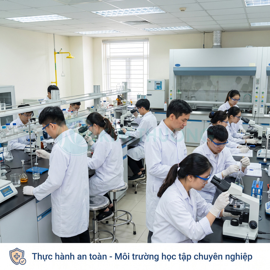 Sinh viên mặc áo blouse thực hành thí nghiệm và sử dụng kính hiển vi trong phòng thí nghiệm hiện đại