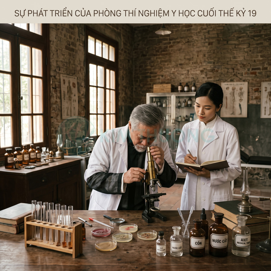 Nhà khoa học dùng kính hiển vi cổ điển quan sát mẫu thí nghiệm trên bàn đầy chai lọ hóa chất