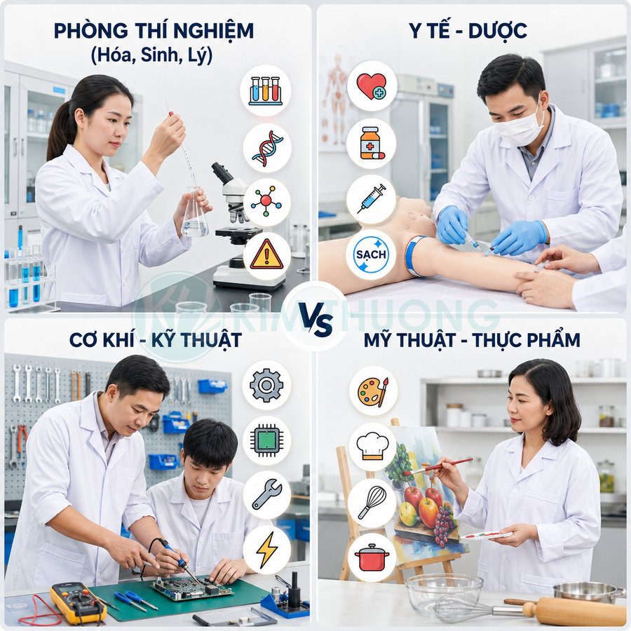 Học sinh thực hành trong phòng thí nghiệm, y tế, cơ khí kỹ thuật và mỹ thuật thực phẩm với trang thiết bị hiện đại