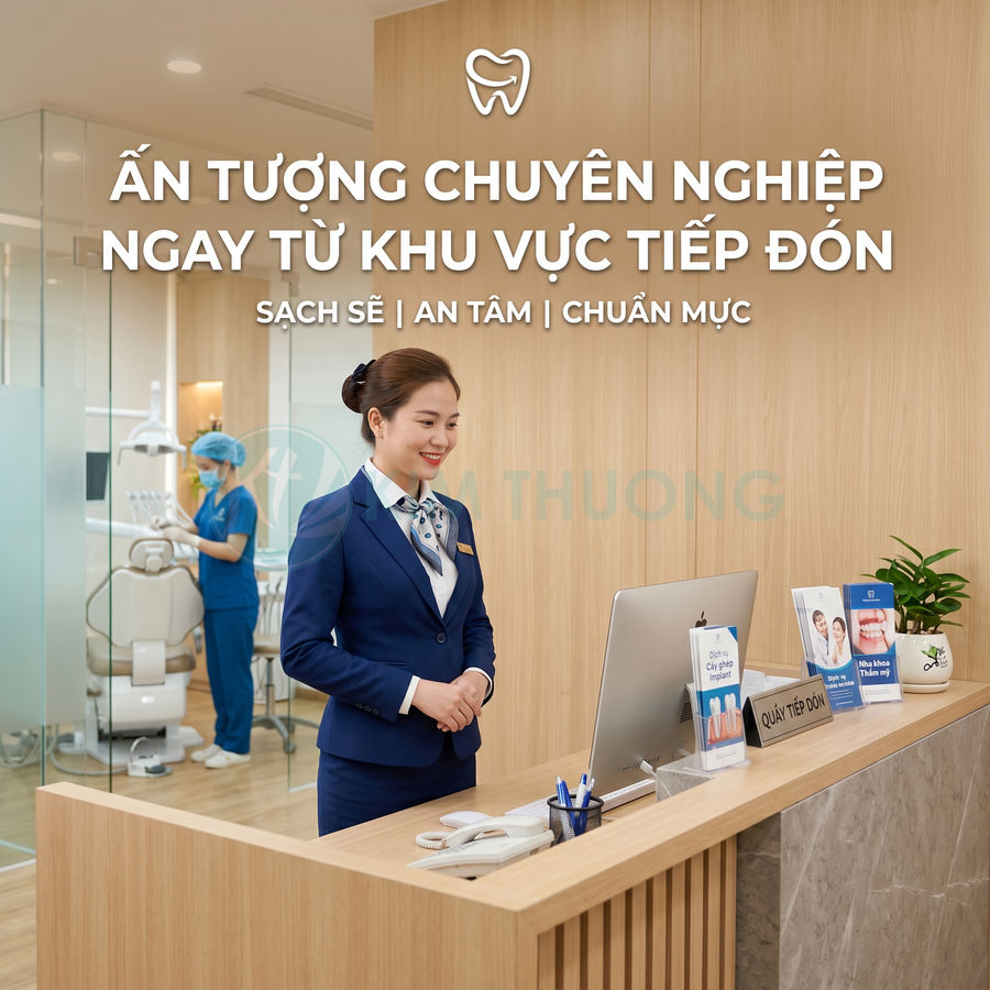Lễ tân nha khoa chuyên nghiệp đứng tại quầy tiếp đón hiện đại, phía sau là phòng khám răng sạch sẽ