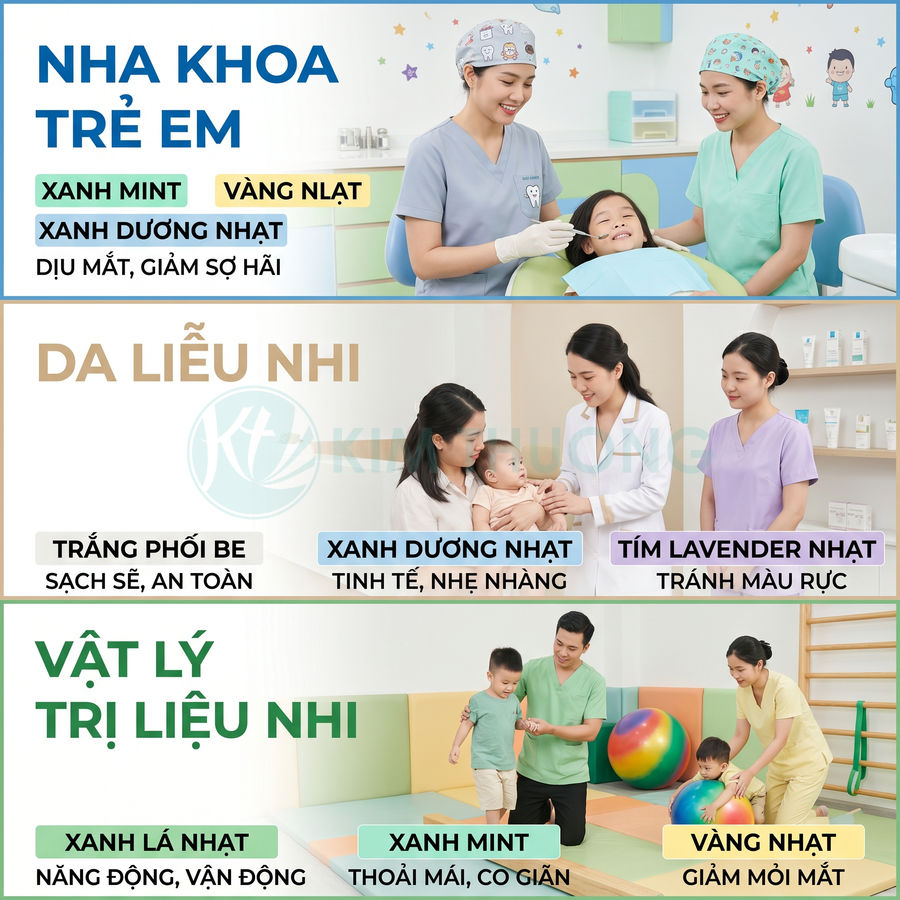 Bác sĩ và điều dưỡng chăm sóc nha khoa, da liễu, vật lý trị liệu cho trẻ em trong phòng khám nhi hiện đại