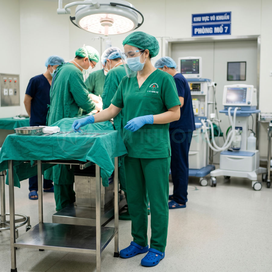 Nhân viên y tế chuẩn bị dụng cụ phẫu thuật trên bàn trong phòng mổ bệnh viện hiện đại