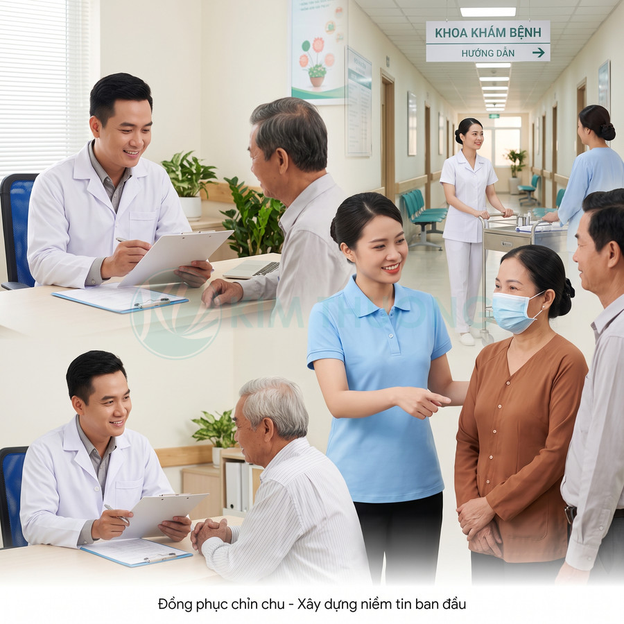 Nhân viên y tế tư vấn và hướng dẫn bệnh nhân tại bệnh viện với đồng phục chuyên nghiệp