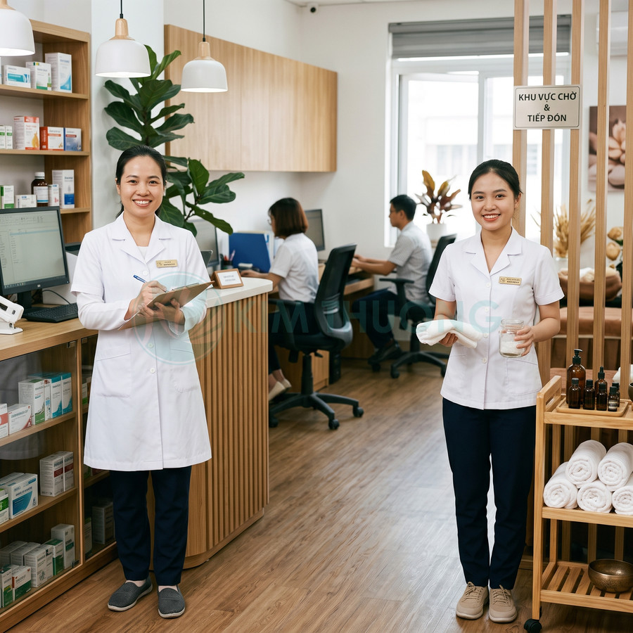 Nhân viên y tế mặc áo blouse trắng đón tiếp khách tại quầy lễ tân phòng khám hiện đại
