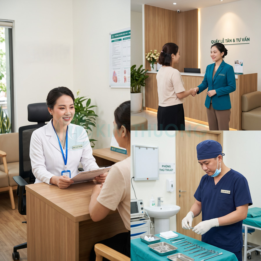 Dịch vụ khám tư vấn và chuẩn bị thủ thuật tại phòng khám hiện đại, bác sĩ và nhân viên chăm sóc bệnh nhân