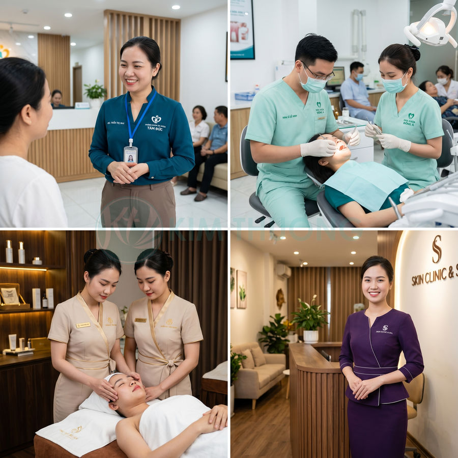 Nhân viên y tế và kỹ thuật viên spa chăm sóc răng miệng, da mặt cho khách tại phòng khám và spa hiện đại