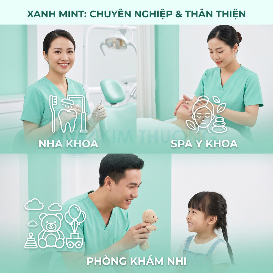 Nhân viên y tế mặc đồng phục xanh mint giới thiệu dịch vụ nha khoa spa y khoa và phòng khám nhi thân thiện