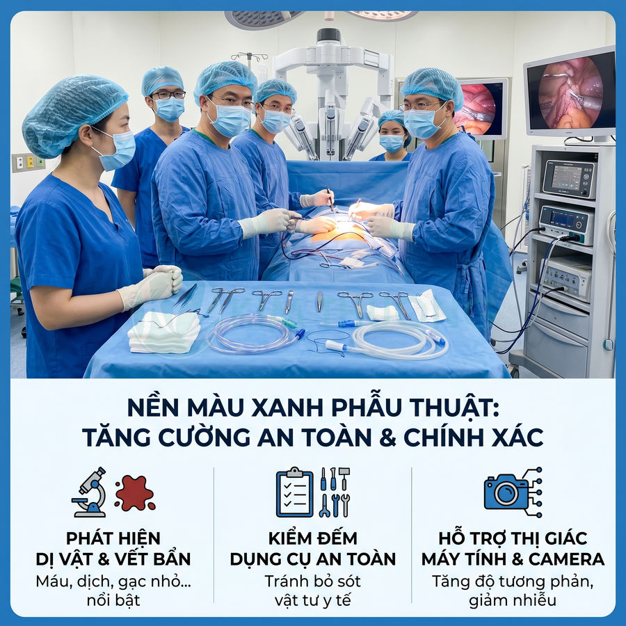 Ê kíp bác sĩ phẫu thuật trong phòng mổ hiện đại với bàn mổ phủ khăn xanh và đầy đủ dụng cụ y tế