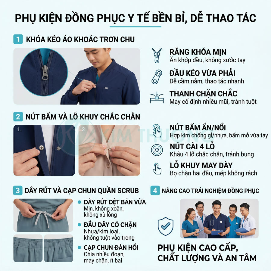 Phụ kiện đồng phục y tế cao cấp với khóa kéo, nút bấm, dây rút quần scrub bền chắc, dễ thao tác