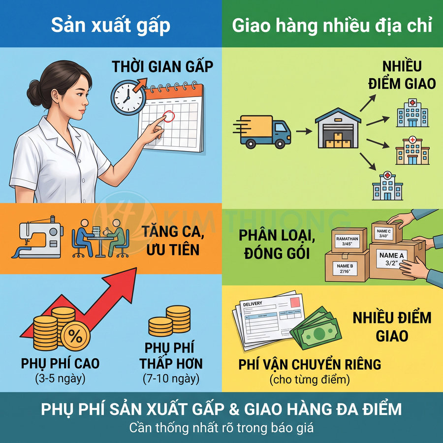 Phụ phí sản xuất gấp và giao hàng nhiều địa điểm, gồm tăng ca, phân loại đóng gói và phí vận chuyển riêng cho từng điểm giao.