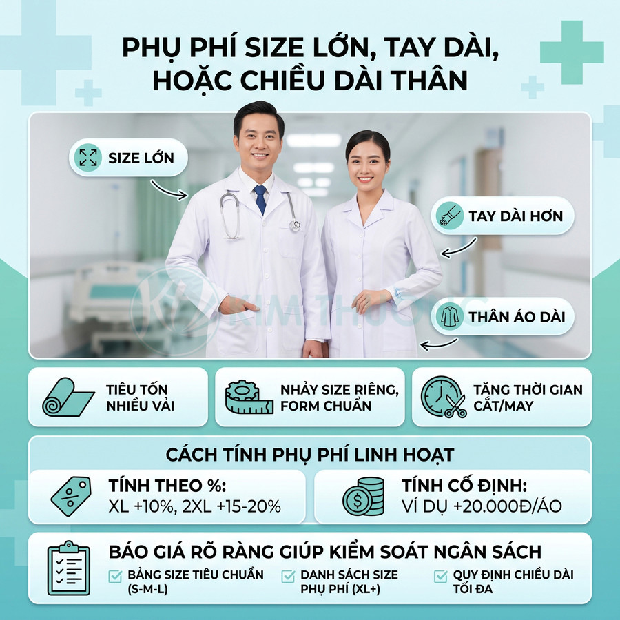 Áo blouse bác sĩ may size lớn, tay dài hoặc thân áo dài với phụ phí cắt may linh hoạt.