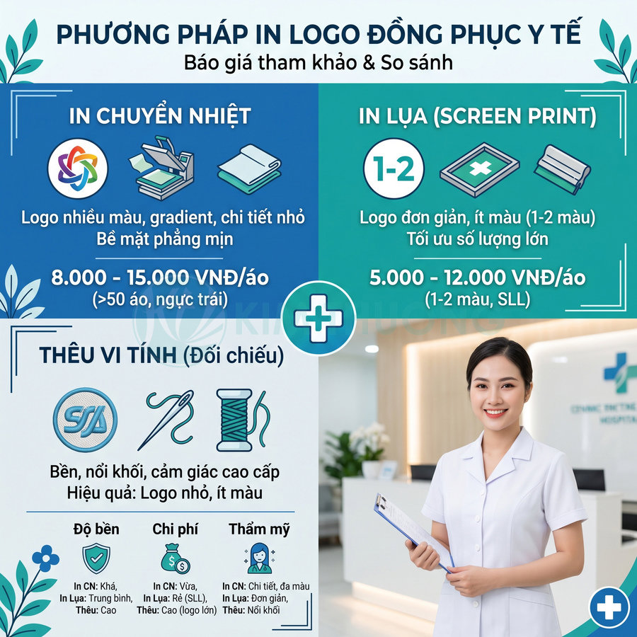 Bảng so sánh phương pháp in logo đồng phục y tế và nữ nhân viên y tế mặc áo blouse trắng