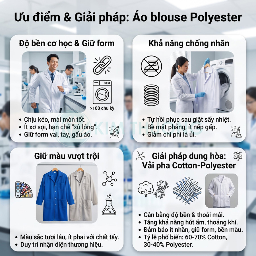 Áo blouse polyester màu trắng cùng ưu điểm bền, giữ form, chống nhăn và áo pha cotton polyester thoáng khí, bền màu