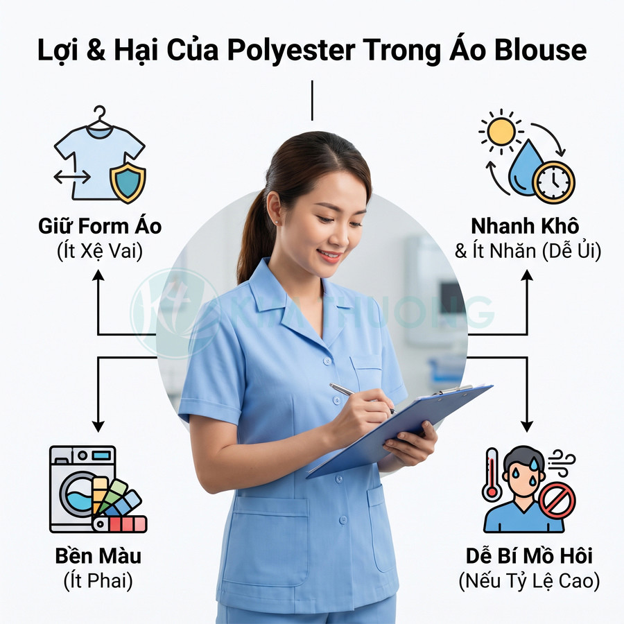 Áo blouse polyester màu xanh nhạt với ưu điểm giữ form, nhanh khô, bền màu và nhược điểm dễ bí mồ hôi khi tỷ lệ polyester cao