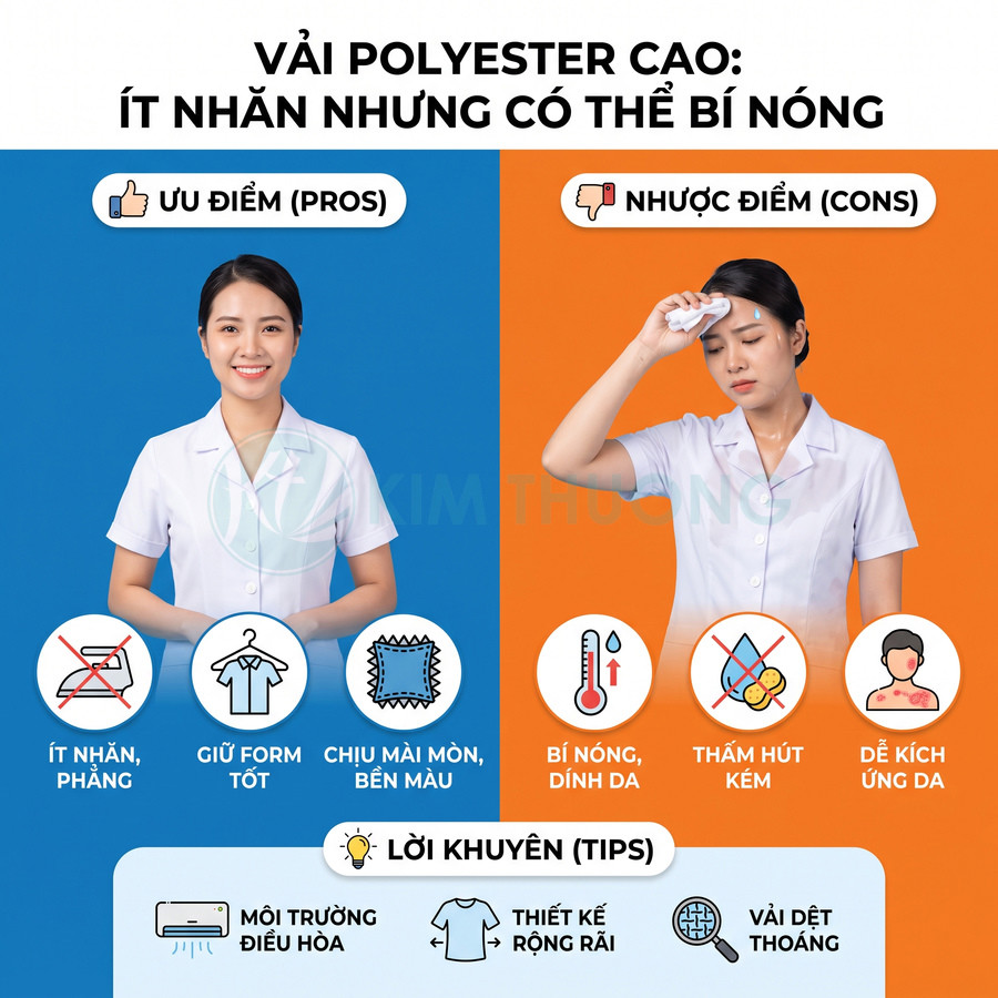 Vải polyester cao dùng may đồng phục y tá, ít nhăn và giữ form nhưng có thể bí nóng, thấm hút kém, dễ kích ứng da
