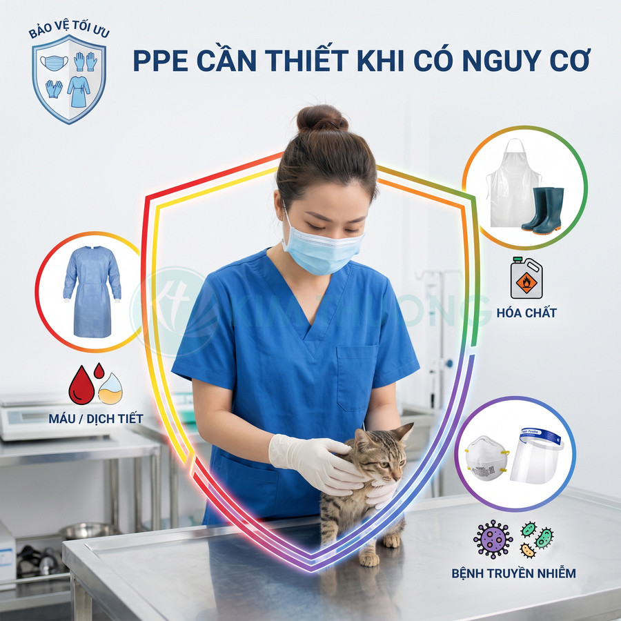 Nhân viên thú y đeo khẩu trang găng tay PPE khám mèo trên bàn inox trong phòng khám sạch sẽ